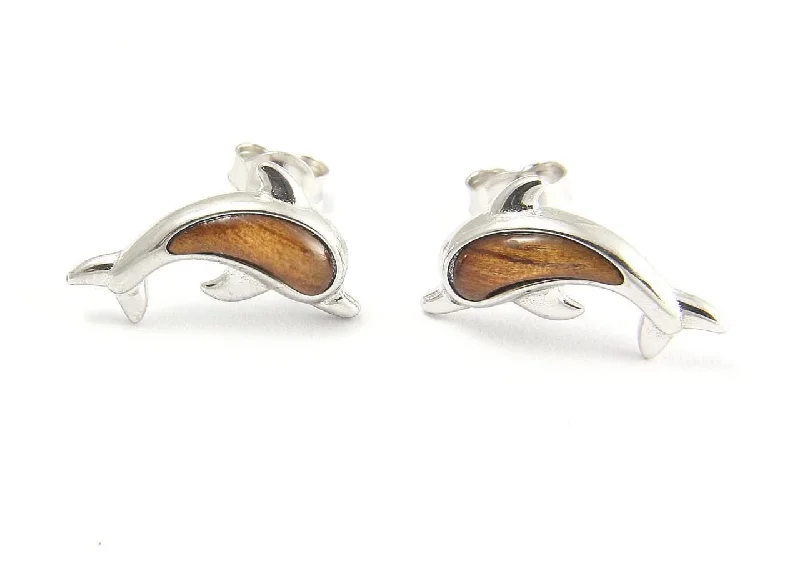 GENUINE INLAY HAWAIIAN KOA WOOD DOLPHIN STUD POST EARRINGS 17MM SILVER 925