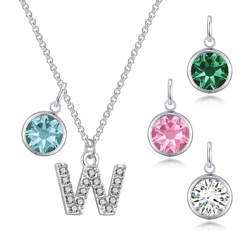 Pave Initial W Necklace with Birthstone Charm Created with Zircondia® Crystals