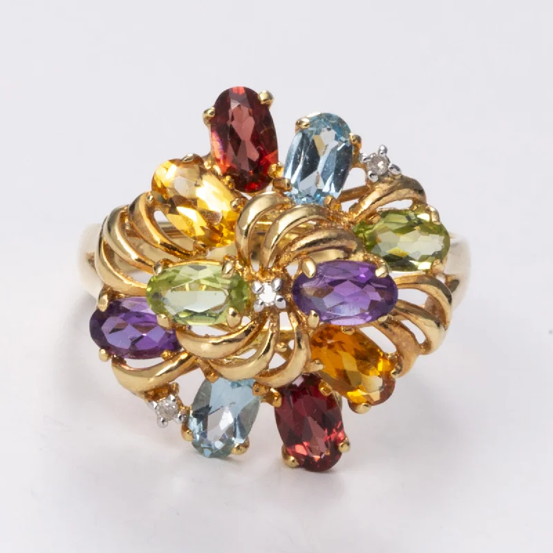 Yellow Gold Multi-Gem & Diamond Cocktail 14k Ring| 0.01ctw 1.68ctw| Sz 7.5