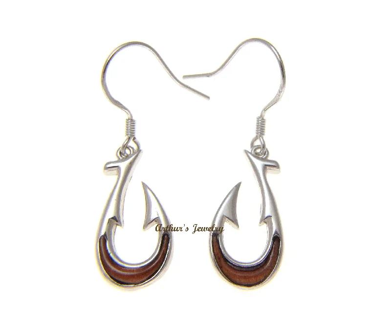 GENUINE INLAY HAWAIIAN KOA WOOD FISH HOOK HOOK EARRINGS SILVER 925 SMALL 10.25MM