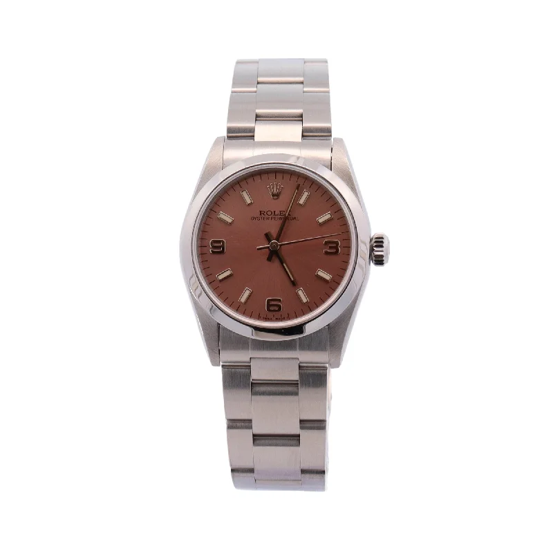 Rolex Oyster Perpetual Stainless Steel 31mm Salmon Stick Dial Watch Reference #: 177200