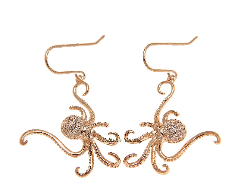 ROSE GOLD PLATED 925 STERLING SILVER HAWAIIAN OCTOPUS HOOK EARRINGS BLING CZ