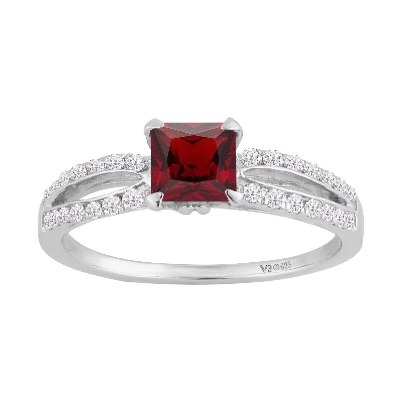 Sterling Silver with Natural Garnet and White Diamond Solitaire Ring