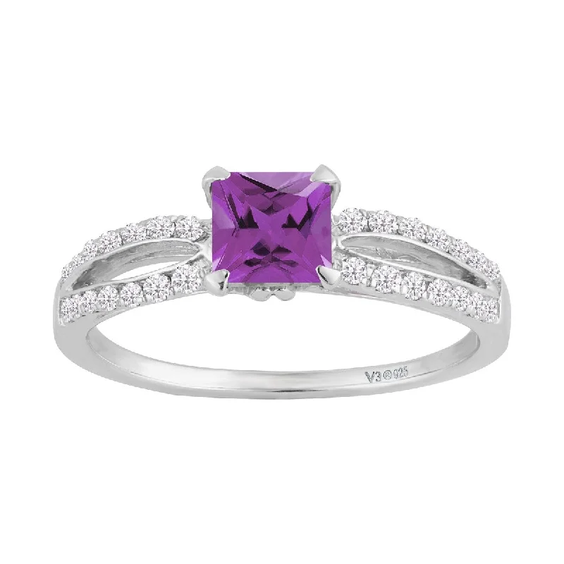 Sterling Silver with Natural Amethyst and White Diamond Solitaire Ring