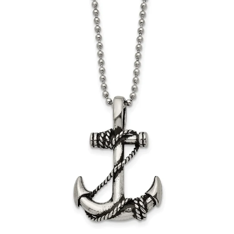 Stainless Steel Antiqued 3D Anchor Necklace, 22 Inch