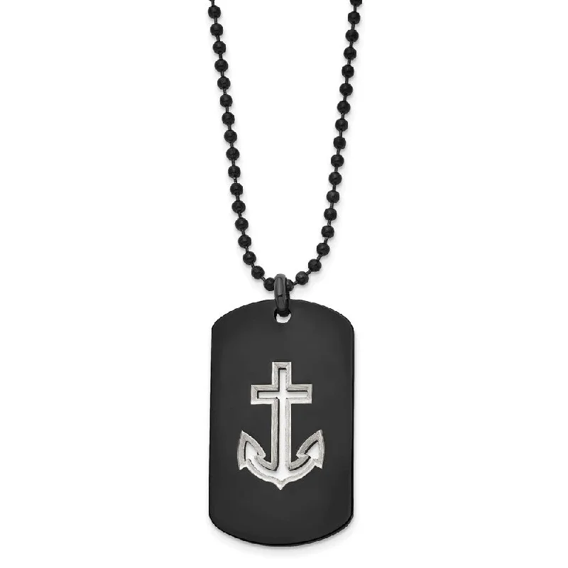 Black Plated Stainless Steel Cutout Anchor Dog Tag Necklace, 22 Inch