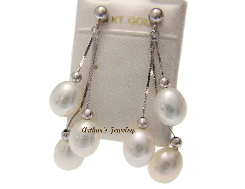 14K SOLID WHITE GOLD GENUINE TRIPLE FRESH WATER PEARL DANGLE EARRINGS