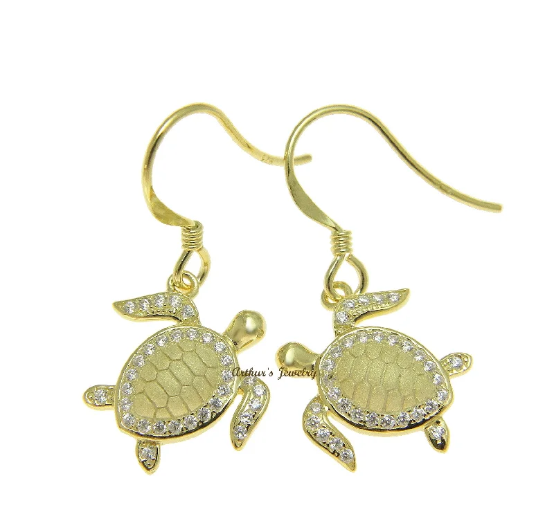 YELLOW GOLD ON 925 STERLING SILVER HAWAIIAN SEA TURTLE HONU HOOK EARRINGS CZ