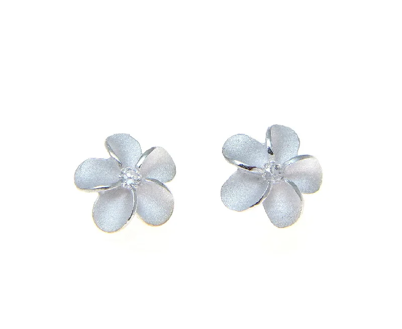 STERLING SILVER 925 HAWAIIAN PLUMERIA FLOWER CZ POST STUD EARRINGS 12MM