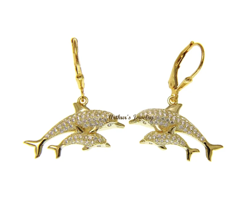 YELLOW GOLD PLATED SILVER 925 CZ HAWAIIAN DOLPHIN MOTHER BABY LEVERBACK EARRINGS