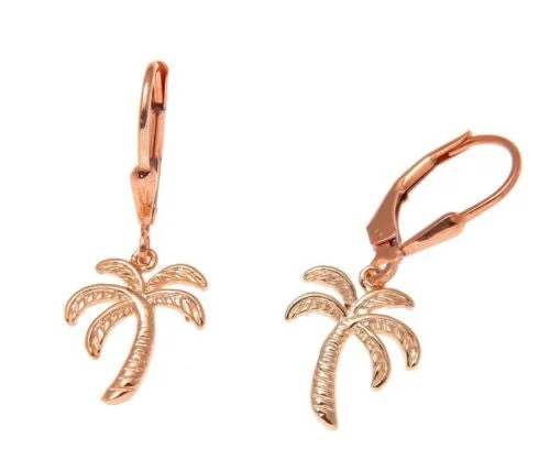 ROSE GOLD ON SILVER 925 HAWAIIAN PALM TREE WIRE LEVERBACK EARRINGS