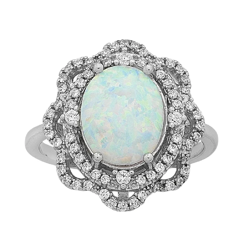 Sterling Silver Created Opal and Cubic Zirconia Ring