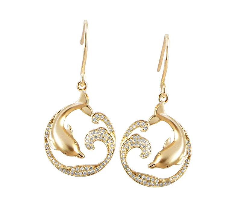 YELLOW GOLD ON SOLID 925 SILVER HAWAIIAN DOLPHIN OCEAN WAVE CZ HOOK EARRINGS