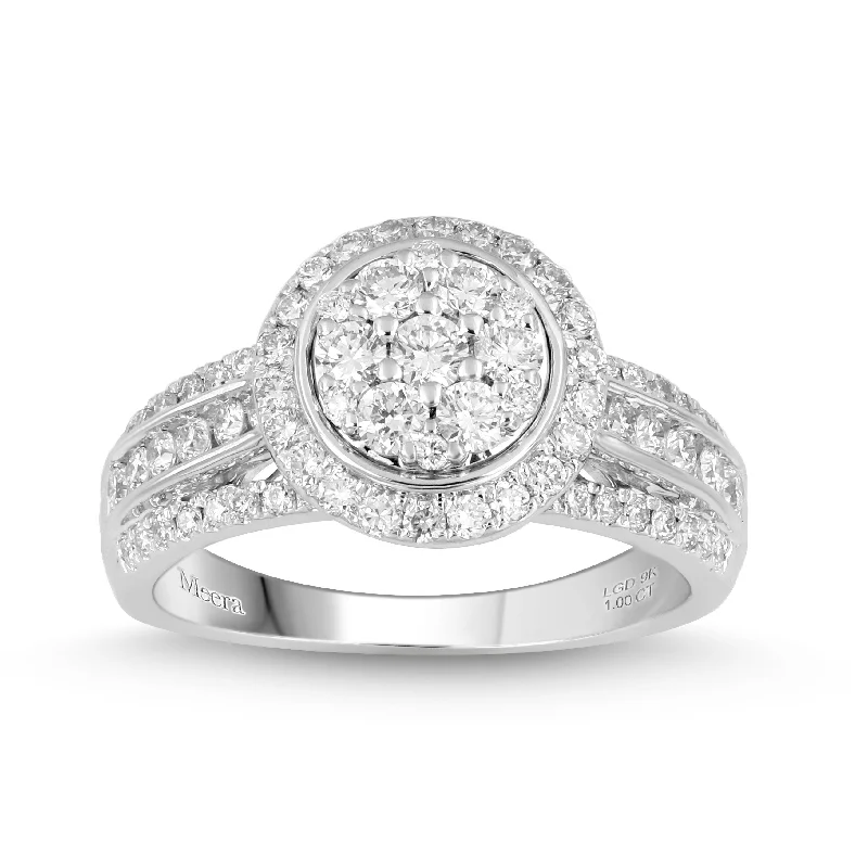 Meera Brilliant Halo & Baguette Ring with 1.00ct of Laboratory Grown Diamonds in 9ct White Gold