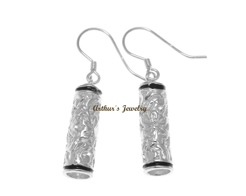 RHODIUM PLATED SILVER 925 HAWAIIAN PLUMERIA SCROLL BARREL HOOK EARRINGS