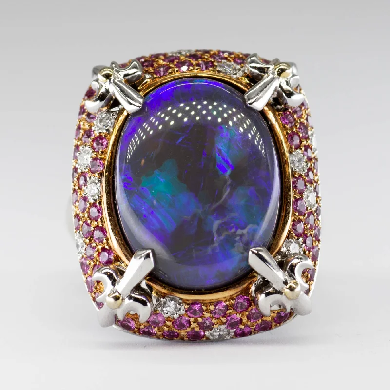 Black Opal, Pink Sapphire and Diamond Convertible 18k White Gold Pendant/Ring  | 15.85 ct | Sz 7