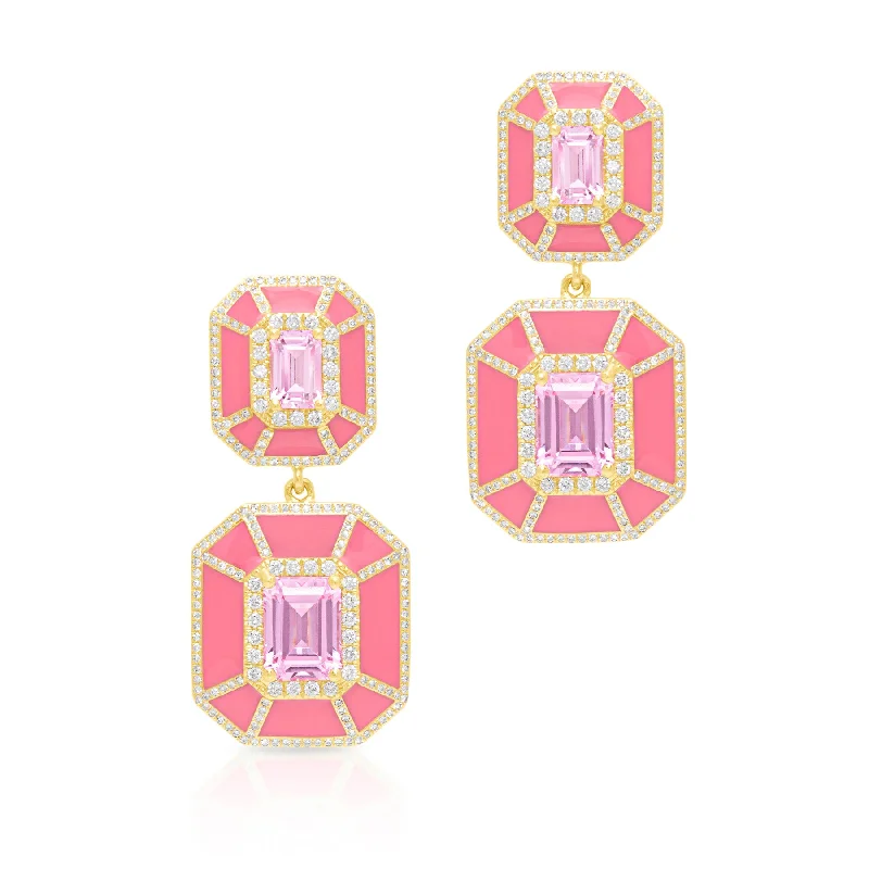 14KT Yellow Gold Pink Topaz Pink Enamel Diamond Deco Earrings