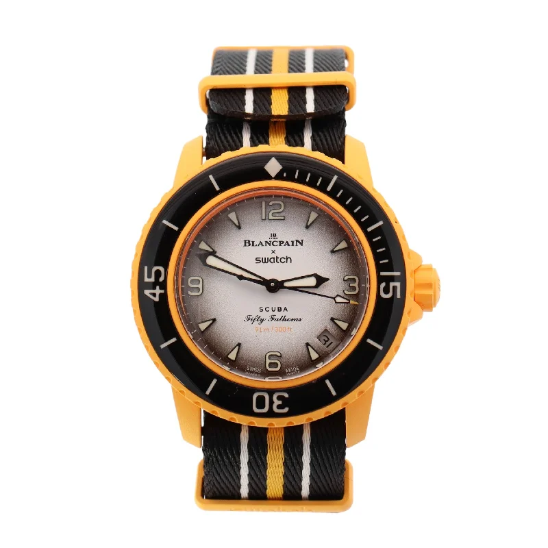 Swatch x Blancpain Yellow Bioceramic 42mm White Arabic & Stick Dial Watch