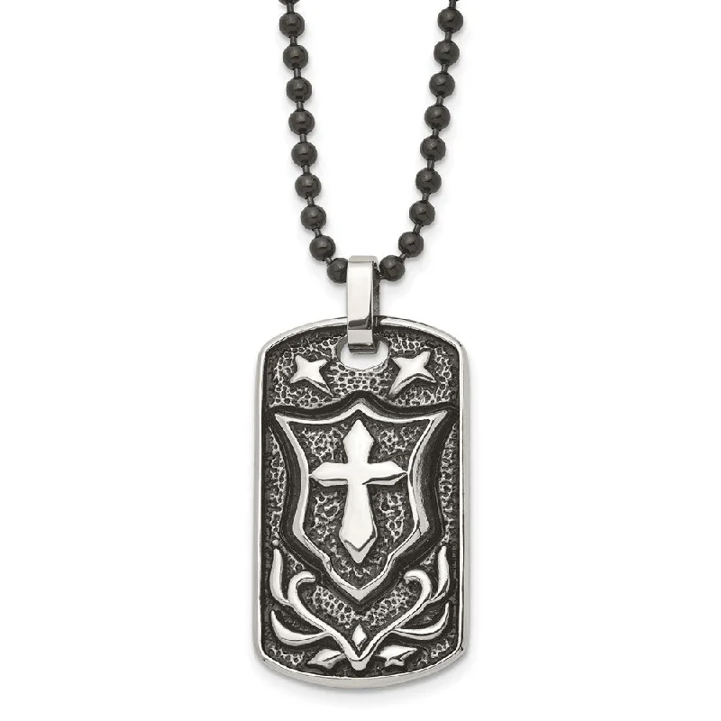 Stainless Steel Antiqued Embossed Cross Shield Dog Tag Necklace, 24 In