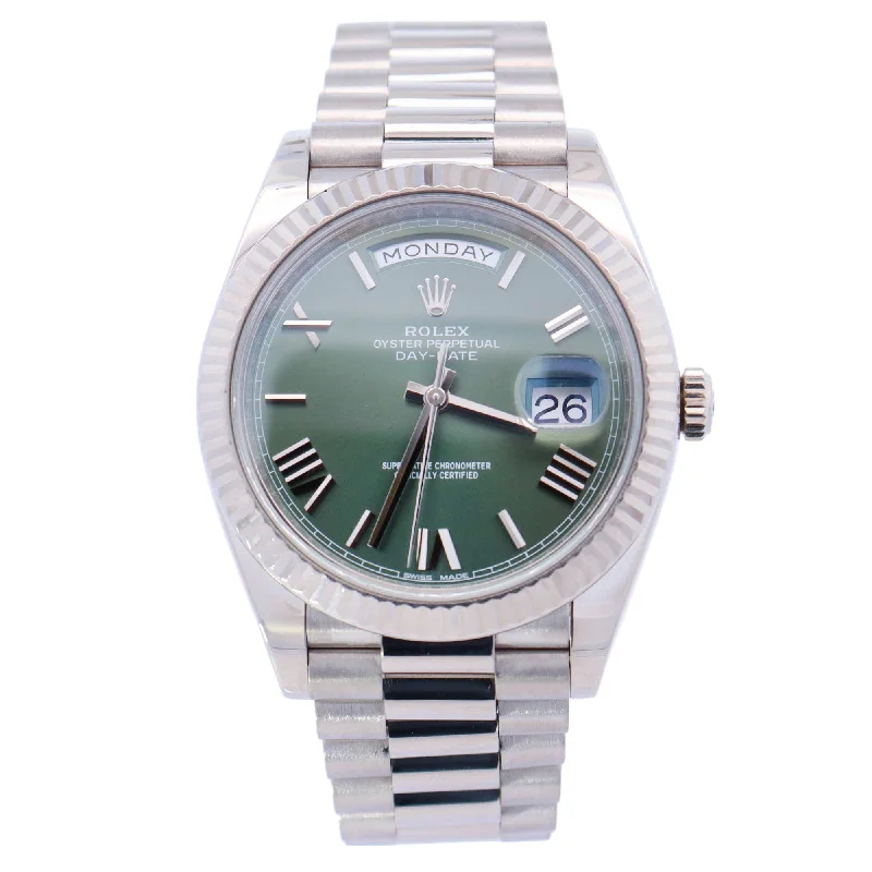 Rolex Men's Day-Date White Gold 40mm Olive Roman Dial Watch Ref# 228239