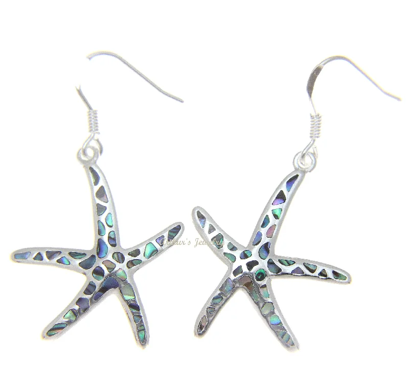 925 Sterling Silver Hawaiian Starfish Sea Star Abalone Shell Paua Hook Earrings