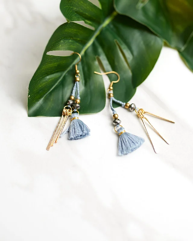 Dusty Blue Bar and Tassel Earrings