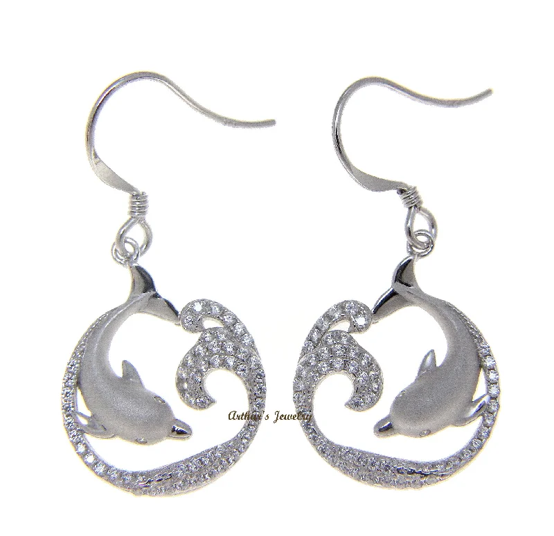 SOLID 925 SILVER HAWAIIAN DOLPHIN OCEAN WAVE CZ WIRE HOOK EARRINGS RHODIUM