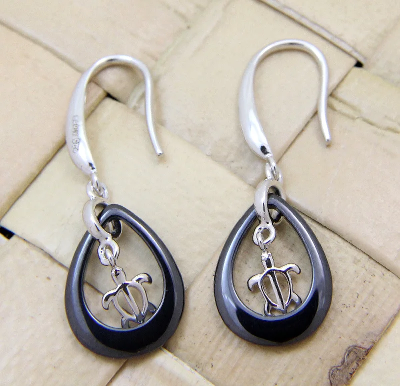 925 Silver Rhodium Hawaiian Honu Turtle Black Ceramic Tear Drop Hook Earrings