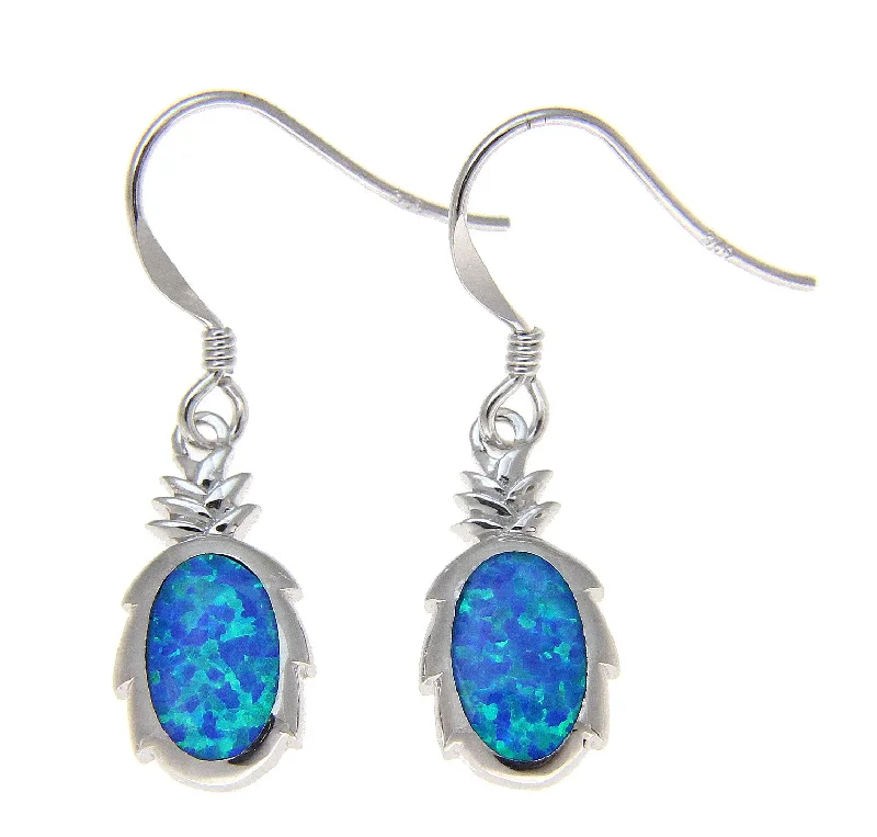 925 Sterling Silver Rhodium Hawaiian Pineapple Blue Opal Hook Wire Earrings