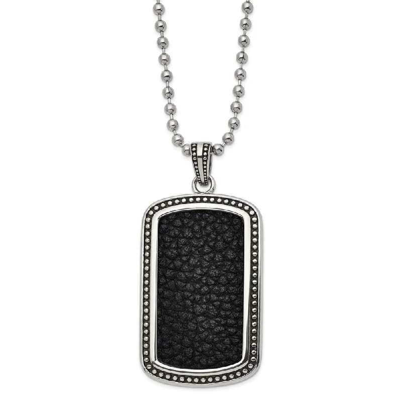 Men's Stainless Steel & Black Leather Antiqued Dog Tag Necklace, 22 In