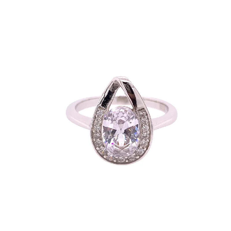 Sterling Silver Cubic Zirconia Pear Halo Ring