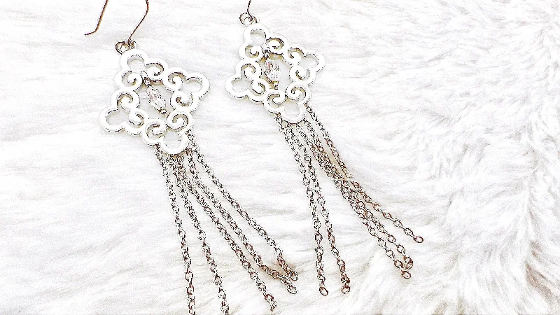 Silver Crystal Filigree Tassel Earrings