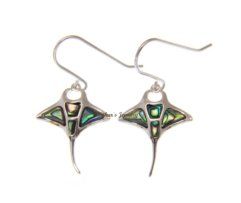 925 Sterling Silver Hawaiian Manta Ray Abalone Shell Paua Hook Wire Earrings