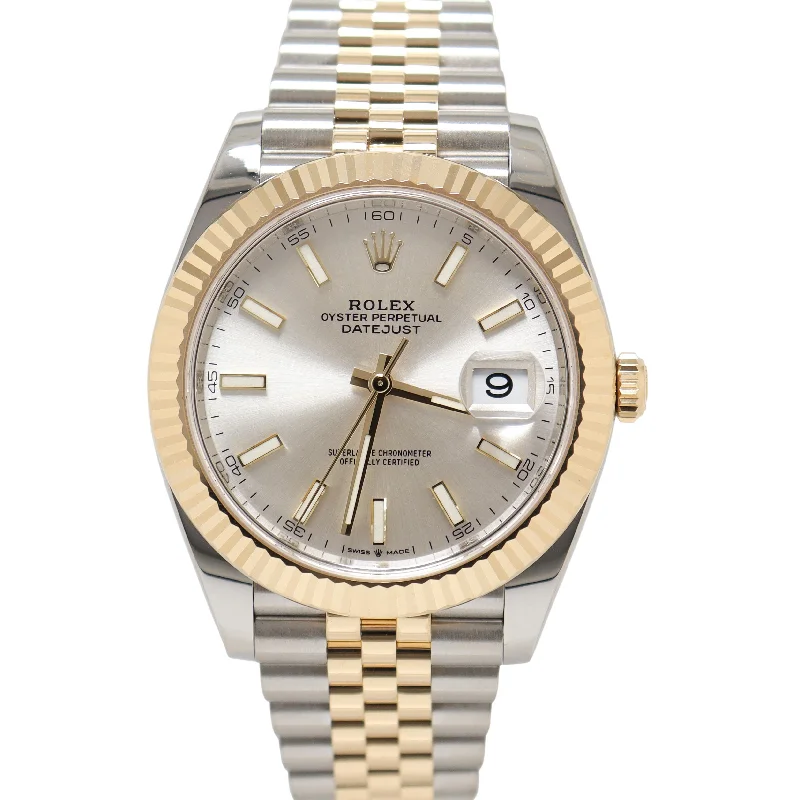 Rolex Datejust Two Tone Yellow Gold & Stainless Steel 41mm Silver Stick Dial Watch Reference# 126333