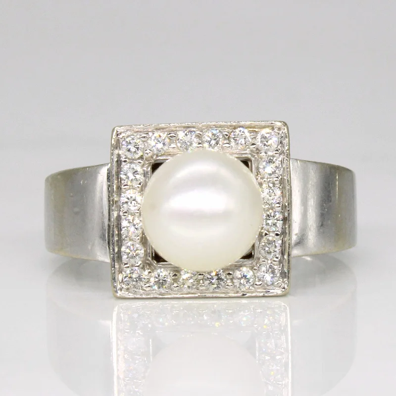 Pearl & Diamond Square Halo Set Ring | 0.20ctw | SZ 6.75 |