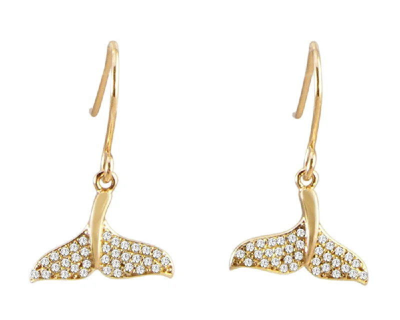 YELLOW GOLD PLATED 925 STERLING SILVER HAWAIIAN WHALE TAIL CZ HOOK EARRINGS