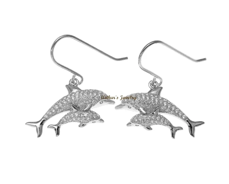 RHODIUM PLATED SILVER 925 CZ HAWAIIAN DOLPHIN MOTHER BABY HOOK EARRINGS