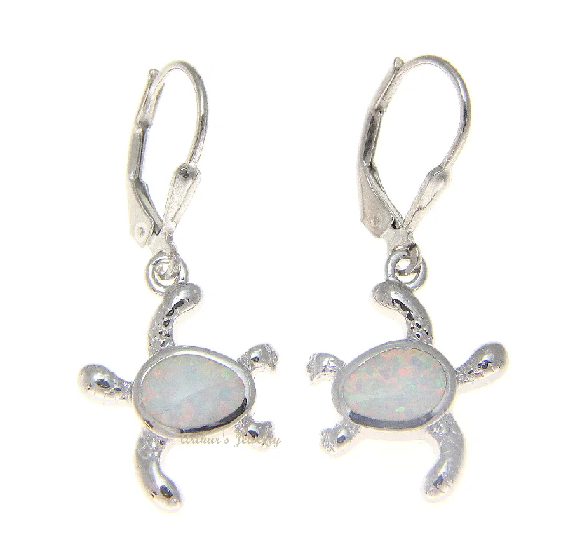 925 Sterling Silver Rhodium Hawaiian Honu Turtle White Opal Leverback Earrings