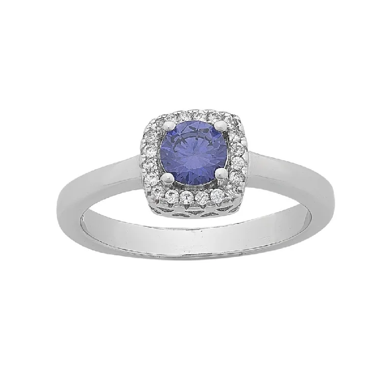 Blue Cubic Zirconia Ring with White Cubic Zirconia Halo in Sterling Silver