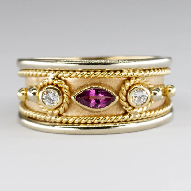 Diamond and Marquise Pink Sapphire Wide Two-Tone 14k Band| 0.08 ctw, 0.18ctw | SZ 7.75