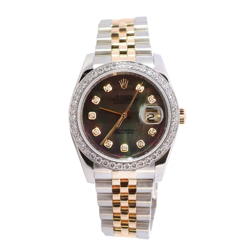 Rolex Datejust Two Tone Stainless Steel & Yellow Gold 36mm Custom Dark MOP Diamond Dial Watch Reference #: 116233