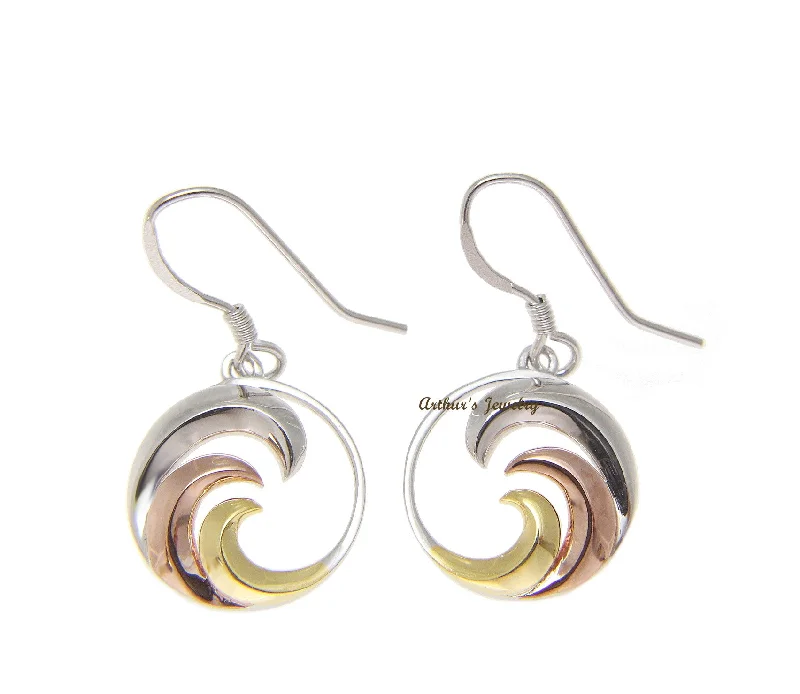 925 Sterling Silver Tricolor Hawaiian 15mm Ocean Wave Wire Hook Dangle Earrings