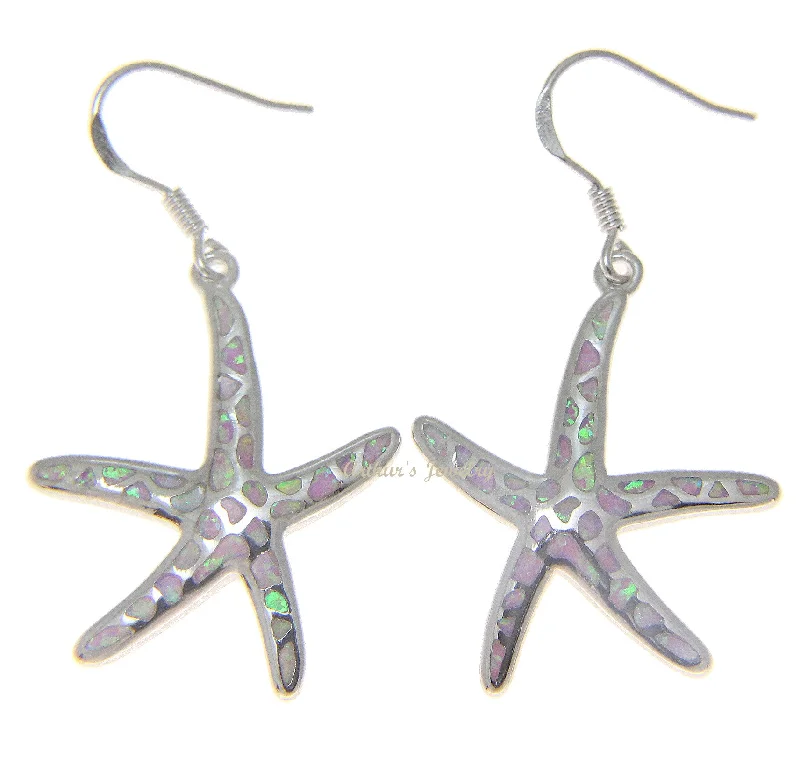 925 Silver Rhodium Hawaiian Starfish Sea Star Pink Opal Hook Wire Earrings