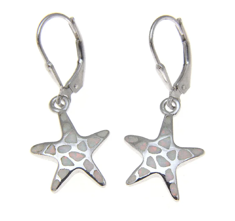 925 Silver Rhodium Hawaiian Starfish Sea Star White Opal Leverback Earrings