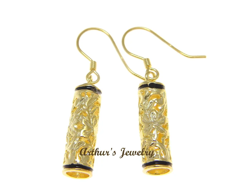 YELLOW GOLD PLATED SILVER 925 HAWAIIAN PLUMERIA SCROLL BARREL HOOK EARRINGS