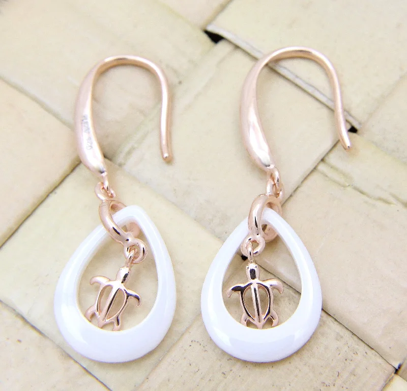 925 Silver Pink Rose Gold Hawaiian Honu Turtle White Ceramic Tear Drop Earrings