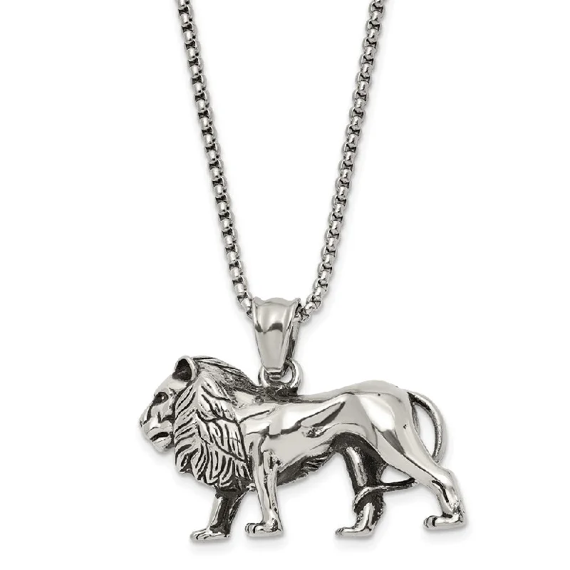 Stainless Steel Antiqued & Polished Lion Necklace, 25.5 Inch