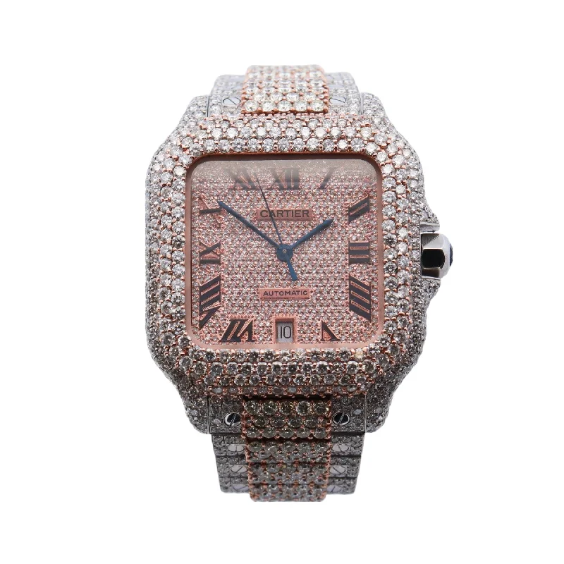 Cartier Santos Iced Out Two-Tone Steel & Rose Gold 39.8mm Iced Out Roman Dial Watch Reference #: WSSA0018