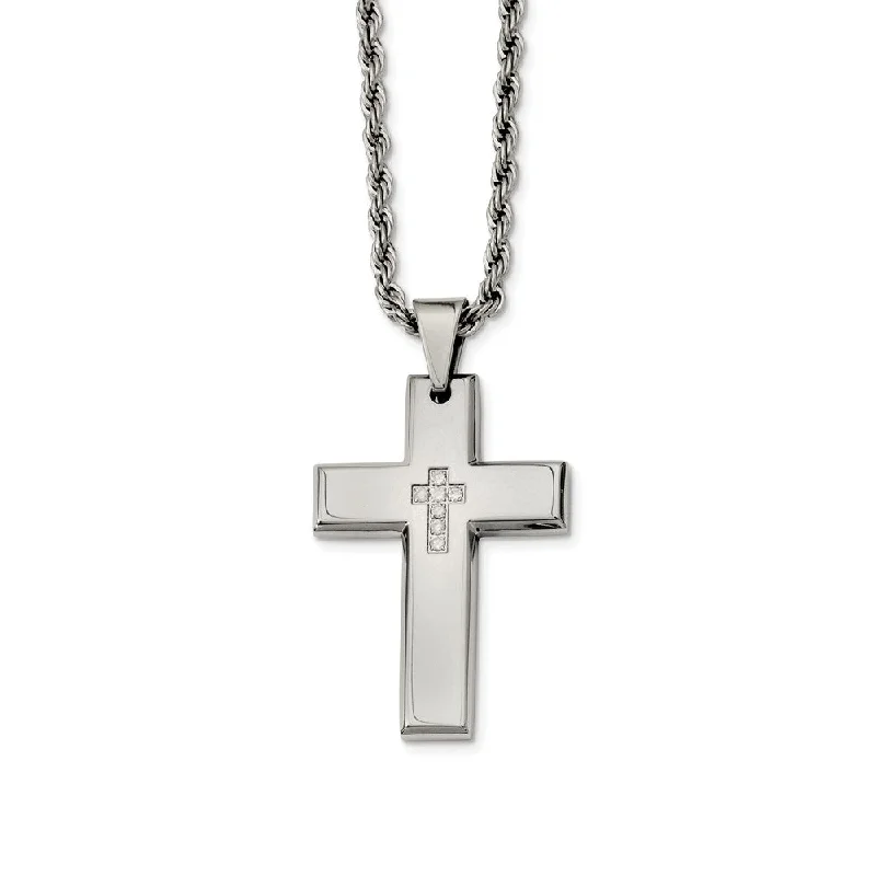 Stainless Steel Polished Cross with CZ's Necklace - 24 Inch