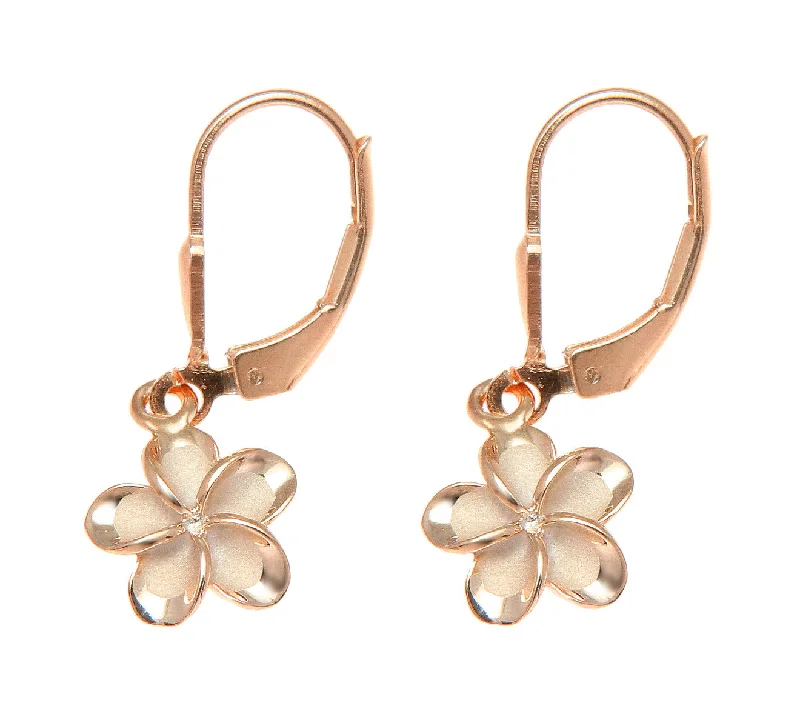 925 Silver Pink Gold Hawaiian Plumeria Flower No CZ Stone Leverback Earrings